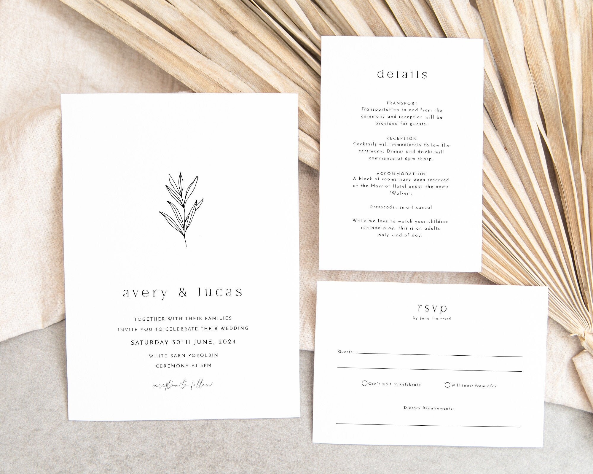 Botanical Minimalist Wedding Invitation Template Set Wedding - Etsy Israel