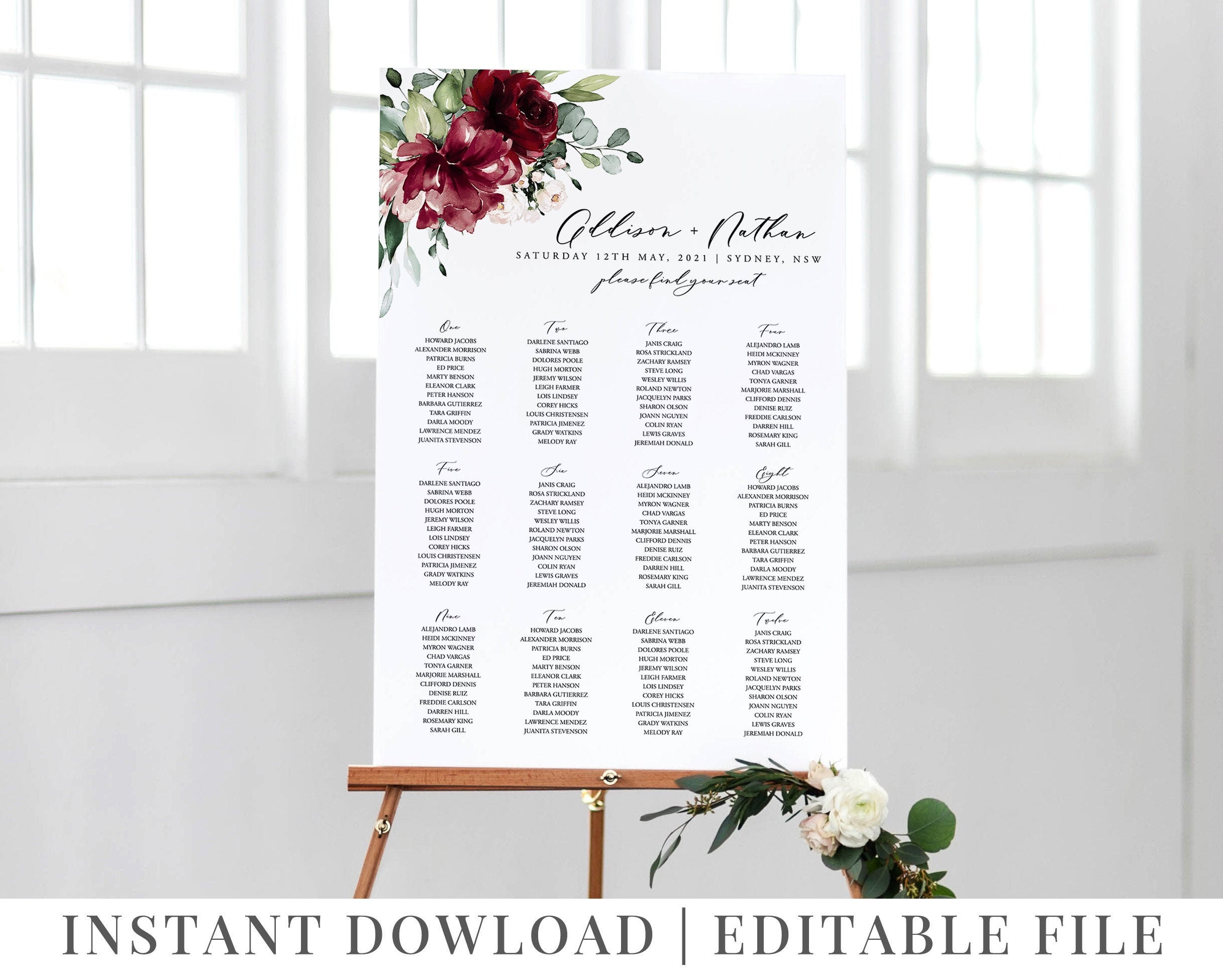 Burgundy Floral Wedding Seating Chart Template (Editable Template), image size:2434x1939