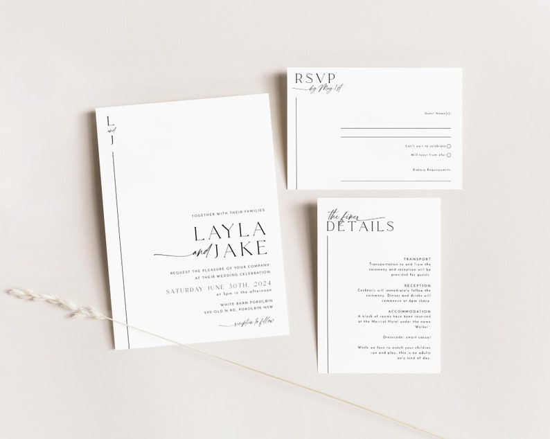 Minimalist Wedding Invitation Template Set, Wedding Invitation Template Download, Editable Modern Wedding Invite, Instant Download, Layla image 1