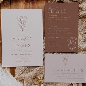 Minimalist Wedding Invitation Template Set, Botanical Floral Wedding Invitation Template Download, Editable Invitation Set Pink, Melody