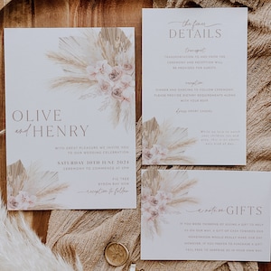 Boho Floral Wedding Invitation Template Set, Pink Boho Wedding Invitation Template Download, Editable Invite Set, Muted Pink Boho, Olive