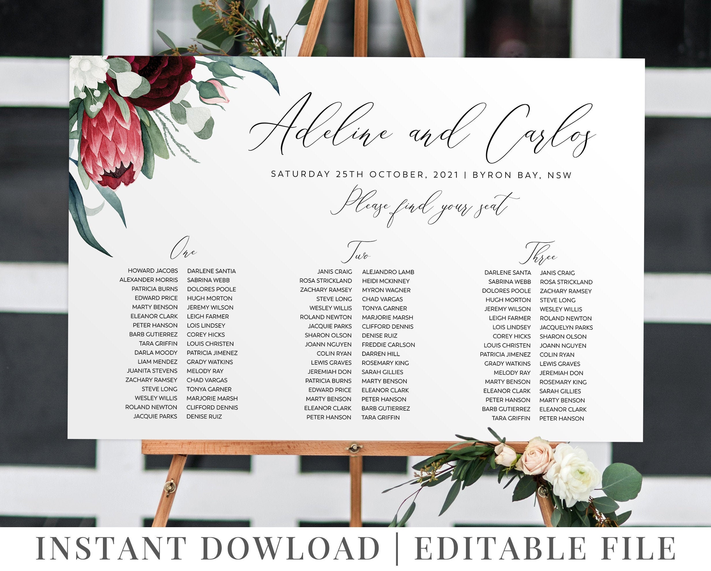 Burgundy Floral Wedding Seating Chart Template (editable Printable) - Etsy, image size:2466x1981