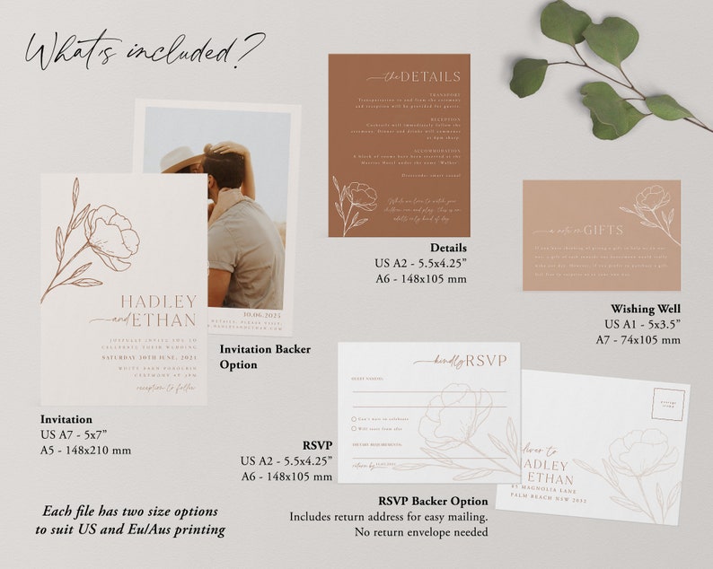 Minimalist Wedding Invitation Template Set, Botanical Floral Wedding Invitation Template Download, Editable Invitation Set Neutral, Hadley image 5