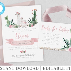 Llama Boho Invitation | Baby Shower | Cactus | Succulents | Floral | Printable Invitation | Editable Template | Book Request