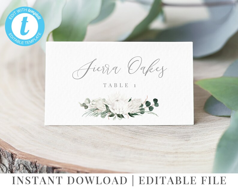 Editable Template Printable Sierra Flat White Flowers Folded White Protea Place Cards