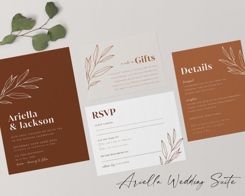 Boho Wedding Invitation Template Set, Minimalist Wedding Invite Template Download Editable, Rustic Terracotta, Ariella image 4