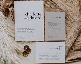 Minimalist Wedding Invitation Set, Simple Elegant Wedding Invitation Template, Printable Wedding Suite, Editable Wedding Invite, Charlotte