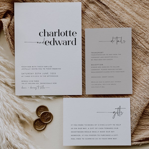 Minimalist Wedding Invitation Set, Simple Elegant Wedding Invitation Template, Printable Wedding Suite, Editable Wedding Invite, Charlotte