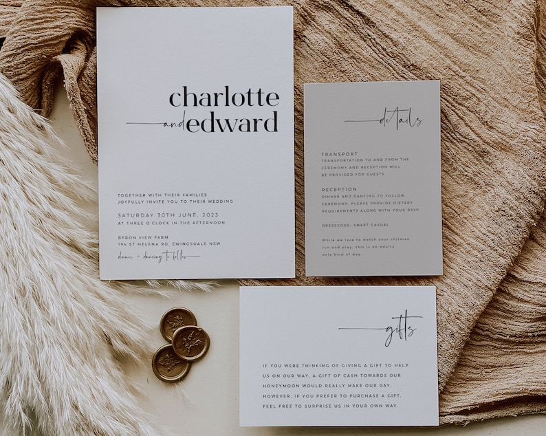 Minimalist Wedding Invitation Set, Simple Elegant Wedding Invitation Template, Printable Wedding Suite, Editable Wedding Invite, Charlotte 