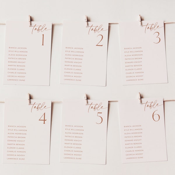 Hochzeitssitzplan Kartenvorlage, Minimalistischer Hochzeitssitzplan Karten, Moderne Sitzplankarte, Tischnummer Sitzplankarte, Bianca