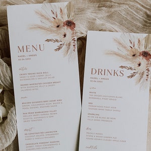 Modèle de menu de mariage bohème, menu de mariage floral bohème, menu de mariage moderne, menu d'herbe de la pampa en terre cuite, menu templett modifiable, noisette