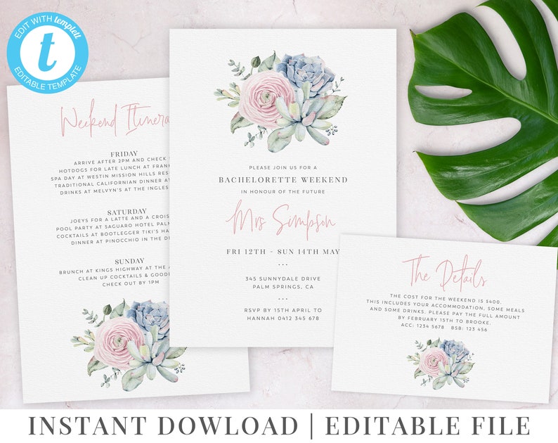 Editable Template Printable Invitation Bachelorette Weekend Succulent Invitation Itinerary Hens Weekend Palm Springs