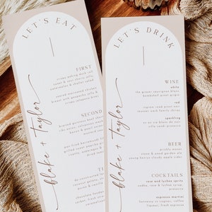 Bogen Hochzeitsmenü Vorlage, Minimalistisches Hochzeitsmenü, Modernes Hochzeitsmenü, Boho Hochzeitsmenü, Templett Hochzeitsmenü, bearbeitbares Menü, Blake