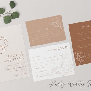 Minimalist Wedding Invitation Template Set, Botanical Floral Wedding Invitation Template Download, Editable Invitation Set Neutral, Hadley image 2