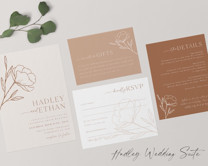 Minimalist Wedding Invitation Template Set, Botanical Floral Wedding Invitation Template Download, Editable Invitation Set Neutral, Hadley image 2