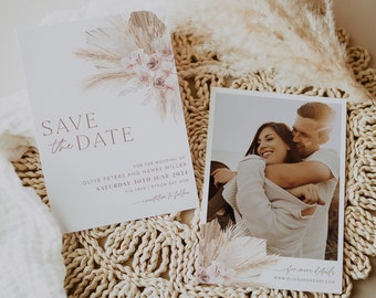 Boho Floral Save The Date Template, Pink boho Save the Date,  Muted Pink Save the Date Template, Photo Save the Date, Olive