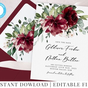 Modelo floral para salvar a data, casamento editável, salvar a data, Borgonha, modelo de casamento, casamento rústico, casamento no jardim, Addison