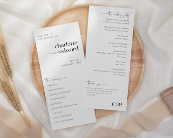 Minimalist Wedding Program, Wedding Program Template, Modern Order of Ceremony, Editable Program, Printable Minimal Program, Charlotte