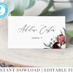 Modelo de cartões de lugar florais, cartões de nome de casamento editáveis, flores cor de vinho, plano, dobrado, casamento Protea imprimível, Adeline