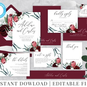 Blumenhochzeitseinladungs-Set, Protea Burgund-Hochzeitsreihe, druckbare Hochzeitseinladung, bearbeitbare Hochzeitsvorlage, Adeline