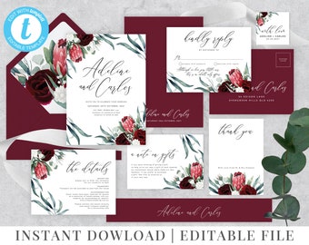 Floral Wedding Invitation Set, Protea Burgundy Wedding Suite, Printable Wedding Invitation, Editable Wedding Template, Adeline