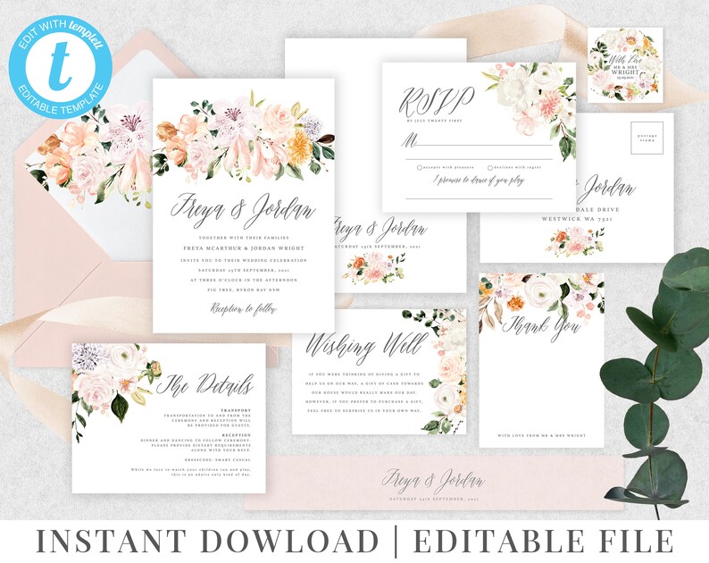Editable Template Printable Invitation Blush Pink Flowers Wedding Suite Freya Suite