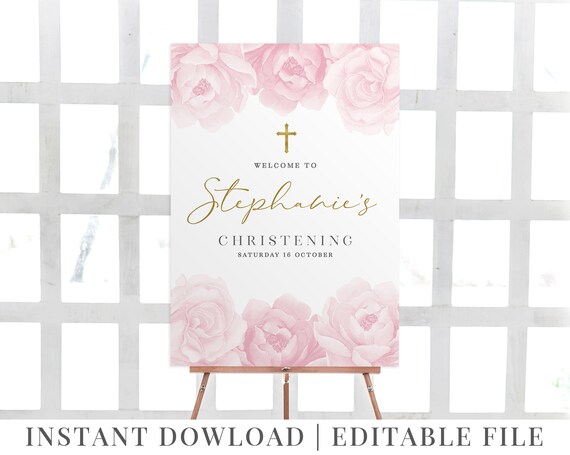Baptism Christening Welcome Sign Custom Printable Rustic Pink Flowers Roses Classic Vintage Romantic DIGITAL FILE