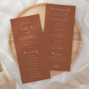 Minimalist Wedding Program, Editable Ceremony Program Template, Order of Ceremony, Editable Program, Printable Rust Minimal Program, Mila