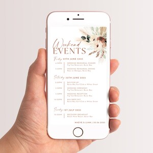 Telefoon bruiloft evenementen routesjabloon, bruiloft weekend tijdlijn, volgorde van evenementen voor sms&#39;en, digitale evenementen, Boho Floral Wedding, Maeve