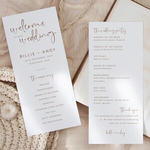 Minimalist Wedding Program Template, Modern Wedding Program, Editable Order of Ceremony, Wedding Ceremony Program, Printable Program, Billie