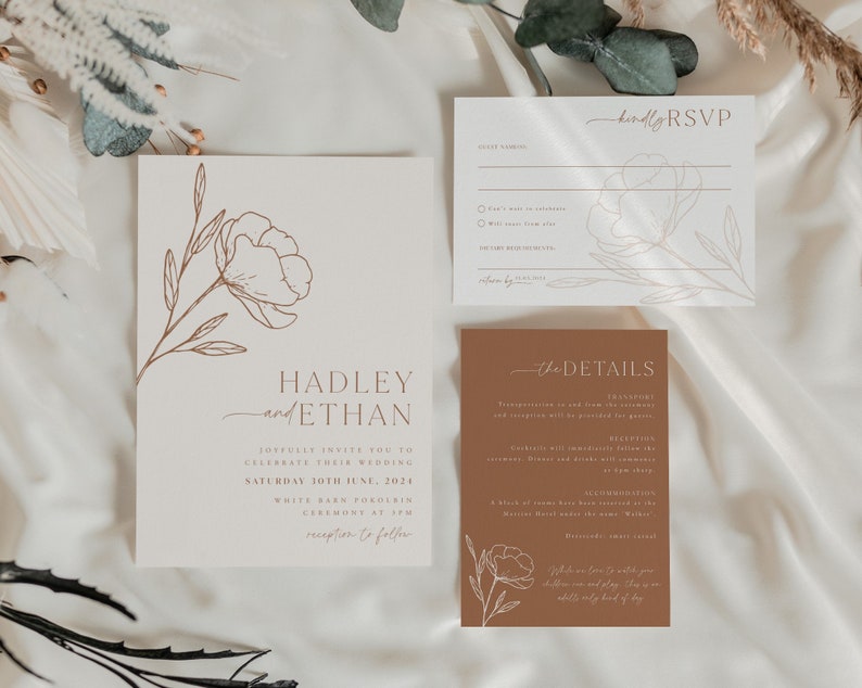 Minimalist Wedding Invitation Template Set, Botanical Floral Wedding Invitation Template Download, Editable Invitation Set Neutral, Hadley image 4