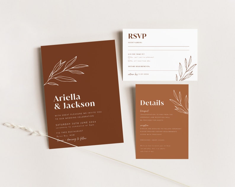 Boho Wedding Invitation Template Set, Minimalist Wedding Invite Template Download Editable, Rustic Terracotta, Ariella image 5