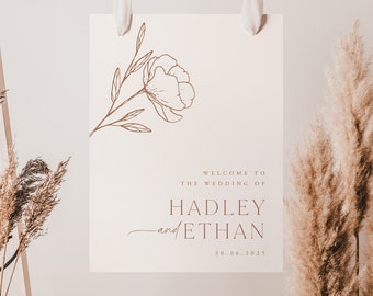 Minimalist Wedding Welcome Sign Template, Editable Neutral Minimal Wedding Sign, Botanical Floral, Printable Wedding Sign Template, Hadley