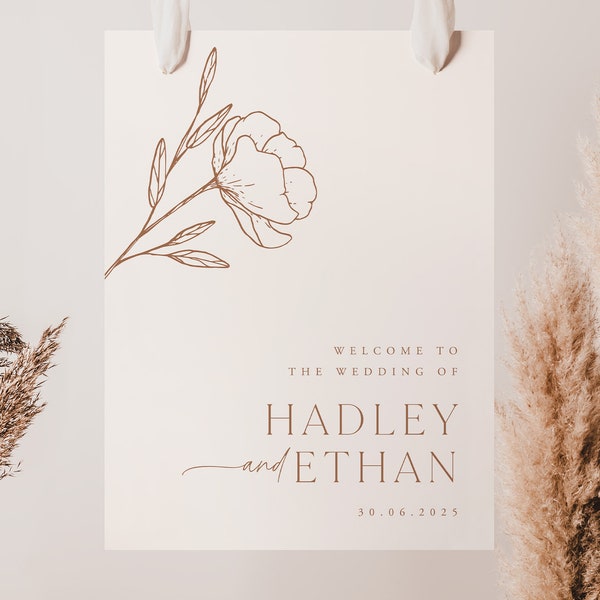 Minimalist Wedding Welcome Sign Template, Editable Neutral Minimal Wedding Sign, Botanical Floral, Printable Wedding Sign Template, Hadley