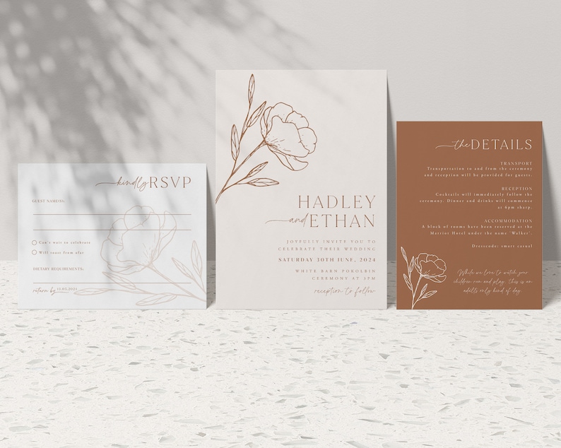 Minimalist Wedding Invitation Template Set, Botanical Floral Wedding Invitation Template Download, Editable Invitation Set Neutral, Hadley image 10