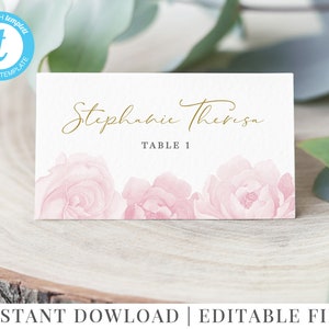 Modelo de cartões de lugar de batismo, cartões de nome florais rosa blush, cartões de lugar de batismo editáveis, flores rosa, plano, dobrado, Stephanie