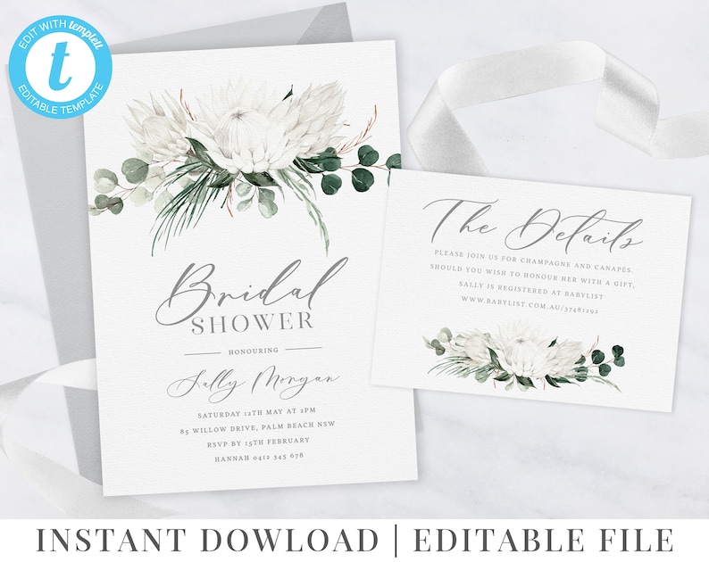 Eucalyptus Flowers Editable Template Bridal Shower White Protea Floral Invitation Printable Invitation Details Brunch