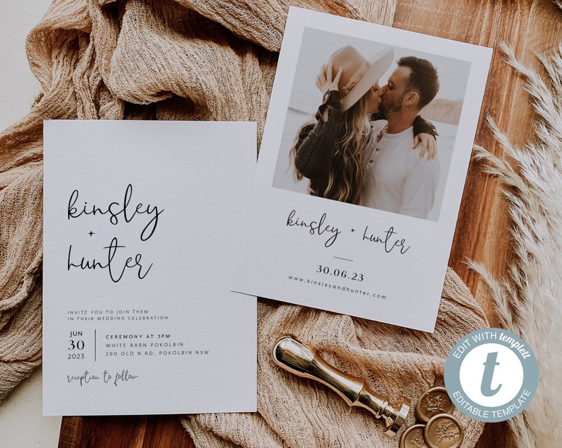 Wedding Invitation Template, Invitation with Photo, Minimalist Wedding Invite, Wedding Invitation Template Download, Rustic Wedding, Kinsley image 2