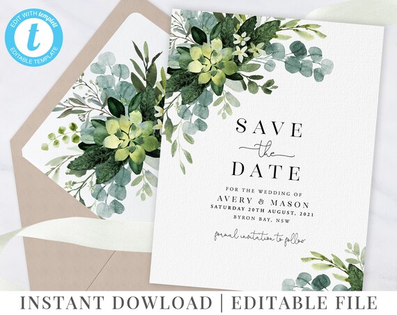 greenery eucalyptus save the date printable invitation editable template avery suite avery save the date templates
