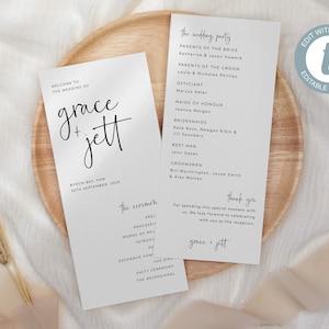 Minimalist Wedding Program, Wedding Program Template, Modern Order of Ceremony, Editable Program, Printable Minimal Program, Grace