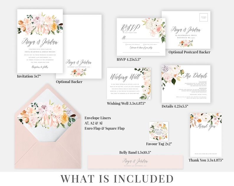 Editable Template Printable Invitation Blush Pink Flowers Wedding Suite Freya Suite