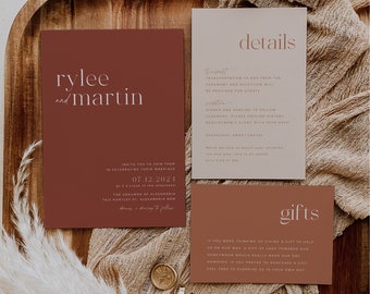 Modern Minimal Wedding Invitation Template Set, Printable Rust Wedding Invitation, Editable Terracotta Wedding Template, Rylee