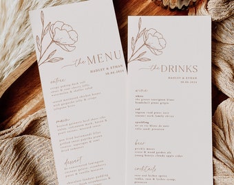 Minimal Leaf Wedding Menu Template, Minimalist Wedding Menu, Modern Wedding Menu, Simple Menu, Templett Wedding Menu, Editable Menu, Hadley