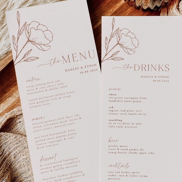 Minimal Leaf Wedding Menu Template, Minimalist Wedding Menu, Modern Wedding Menu, Simple Menu, Templett Wedding Menu, Editable Menu, Hadley