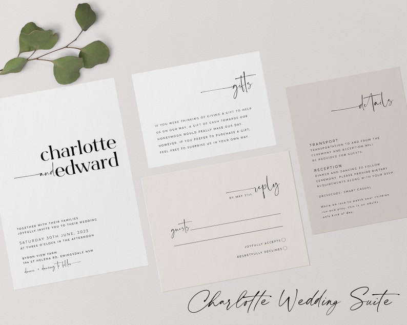 Minimalist Wedding Invitation Set, Simple Elegant Wedding Invitation Template, Printable Wedding Suite, Editable Wedding Invite, Charlotte image 3