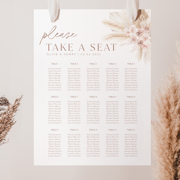 Boho Seating Chart, Wedding Seating Chart, Boho Floral Pink Seating Template, Printable Seating Chart, Editable Boho Seating Chart, Olive