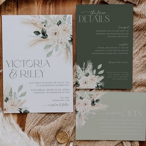 Boho Blumenhochzeitseinladung Vorlagenset, Boho Hochzeitseinladung Vorlage Download, bearbeitbares Einladen Set, Sage White Greenery, Victoria