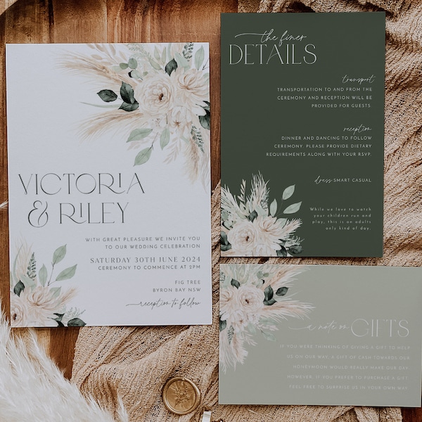 Boho Floral Wedding Invitation Template Set, Boho Wedding Invitation Template Download, Editable Invite Set, Sage White Greenery, Victoria