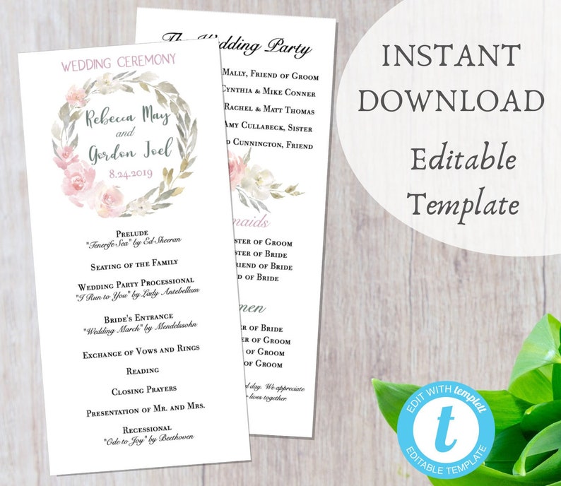 Boho Wedding Ceremony Program Template Editable Flower Wreath Etsy