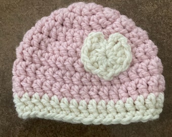 Child Size Beanie with Heart - Crochet Hat - Valentine Hat - Winter Hat - Child Beanie - Heart Beanie